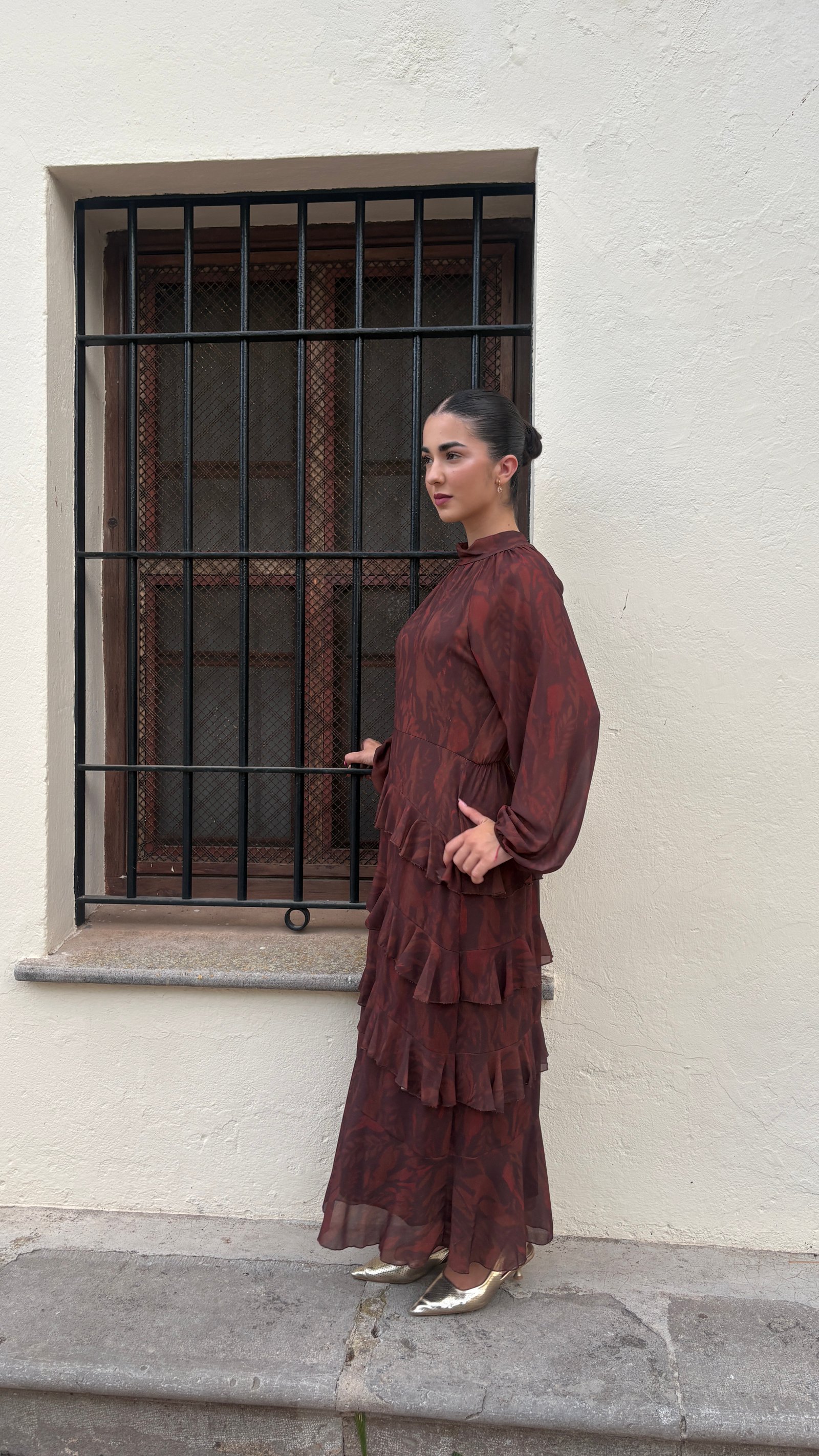 Vestido Café - lateral izquierda Fiesta | Vestido Café - lateral izquierda | Tu Estilo en Rosa